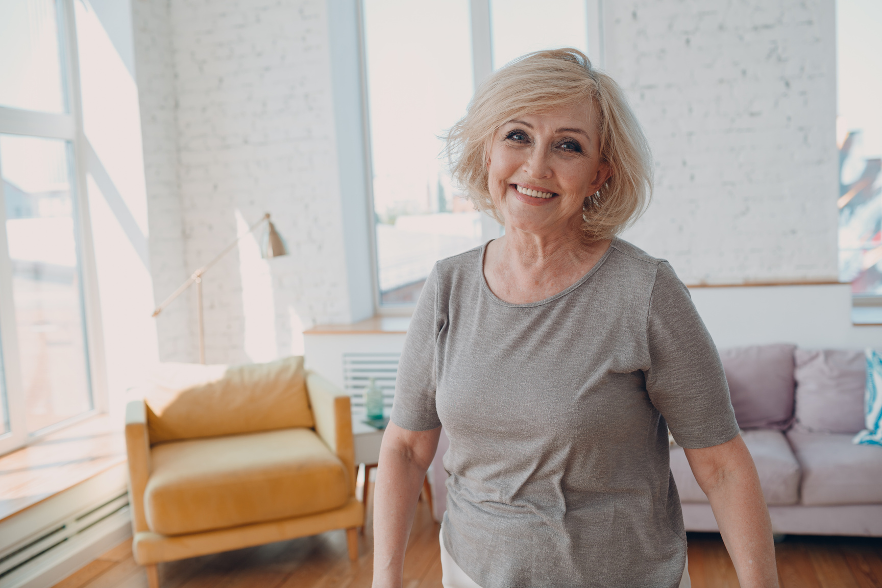 Elderly Caucasian Old Aged Woman Portrait Gray Haired Positive Smiling Stand.